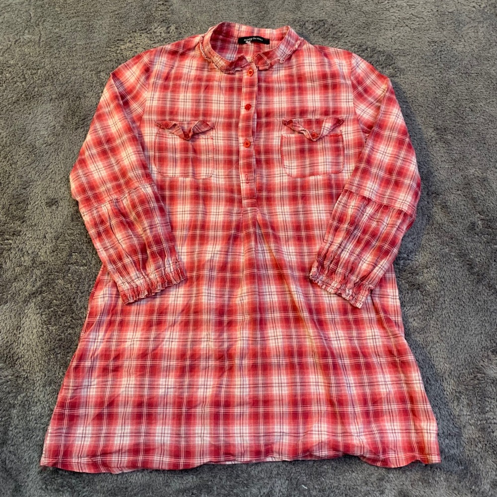 Red Plaid Ruffle Collar Tunic‎ Top Long Sleeve Cotton Blend Size M Made in Italy